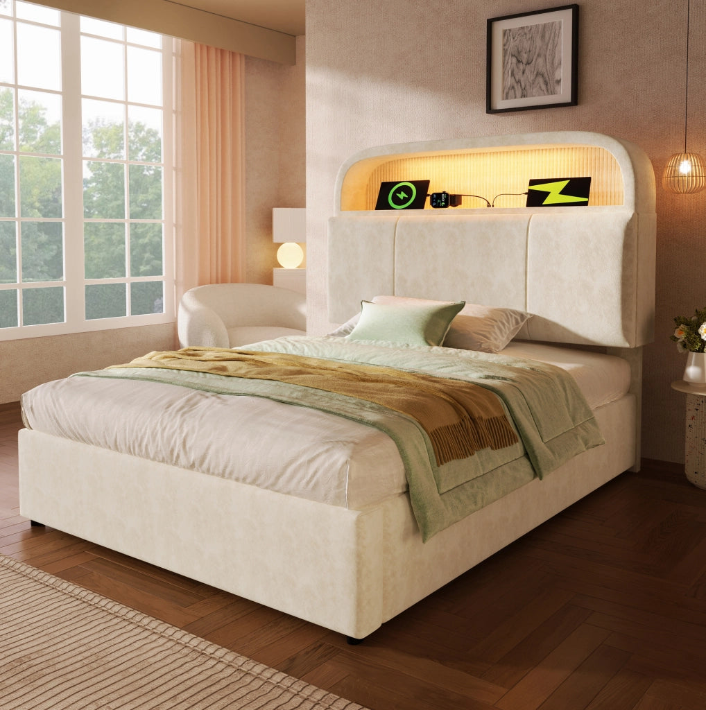 Letto singolo imbottito 90x200 cm con testiera regolabile; contenitore; LED e ricarica USB Type-C; beige