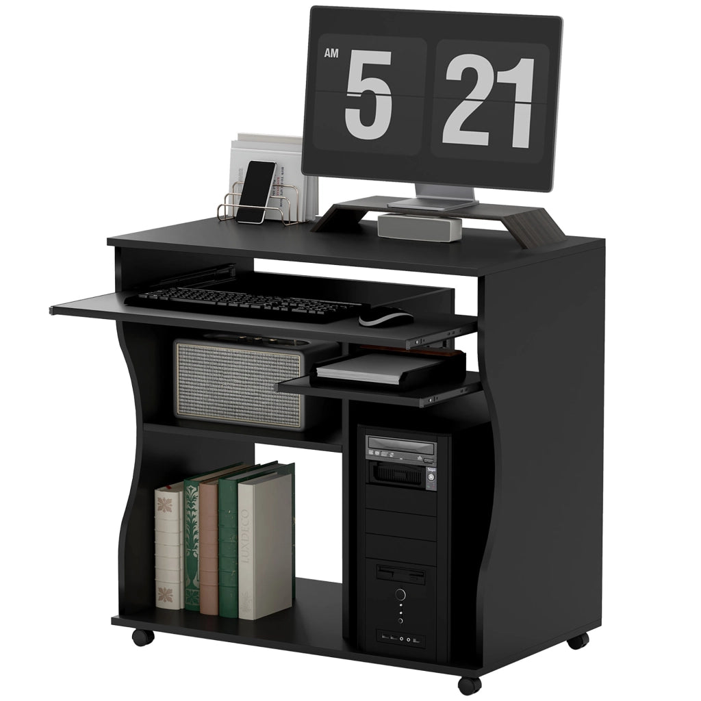 Scrivania Porta PC con Ruote e Ripiani, Tavolo per Computer Salvaspazio, 80 x 48 x 75 cm, Nero