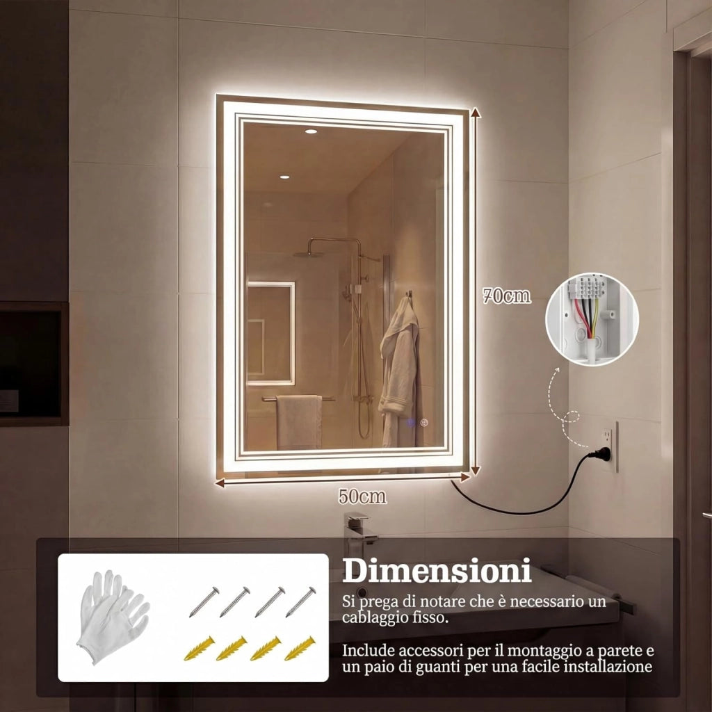Specchio Bagno a LED Regolabile 70 x 50 cm, Specchio Rettangolare da Parete con Design Antiappannamento, Funzione Memoria, Controllo Touch, Vetro Temperato Infrangibile e Collegamento Fisso