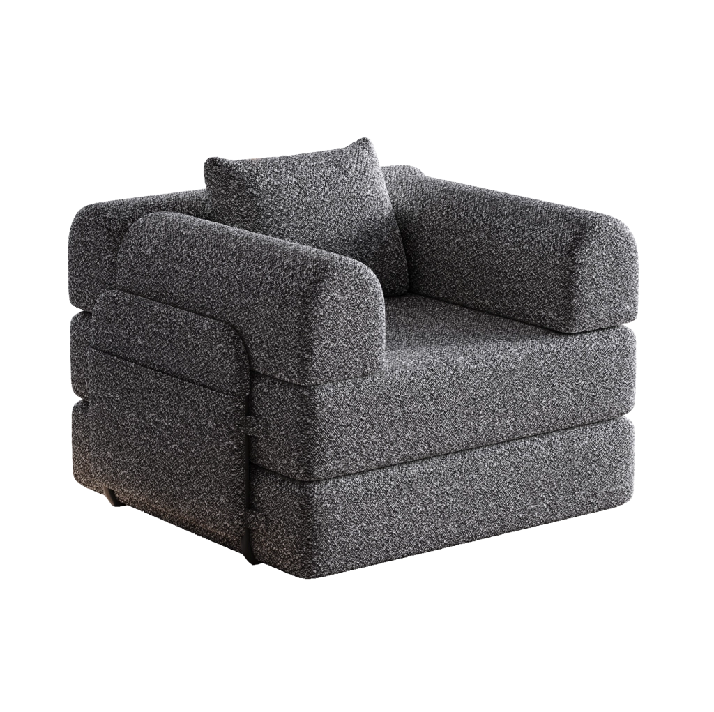 Divano letto 2 in 1 monoposto in ciniglia grigia con vano bracciolo