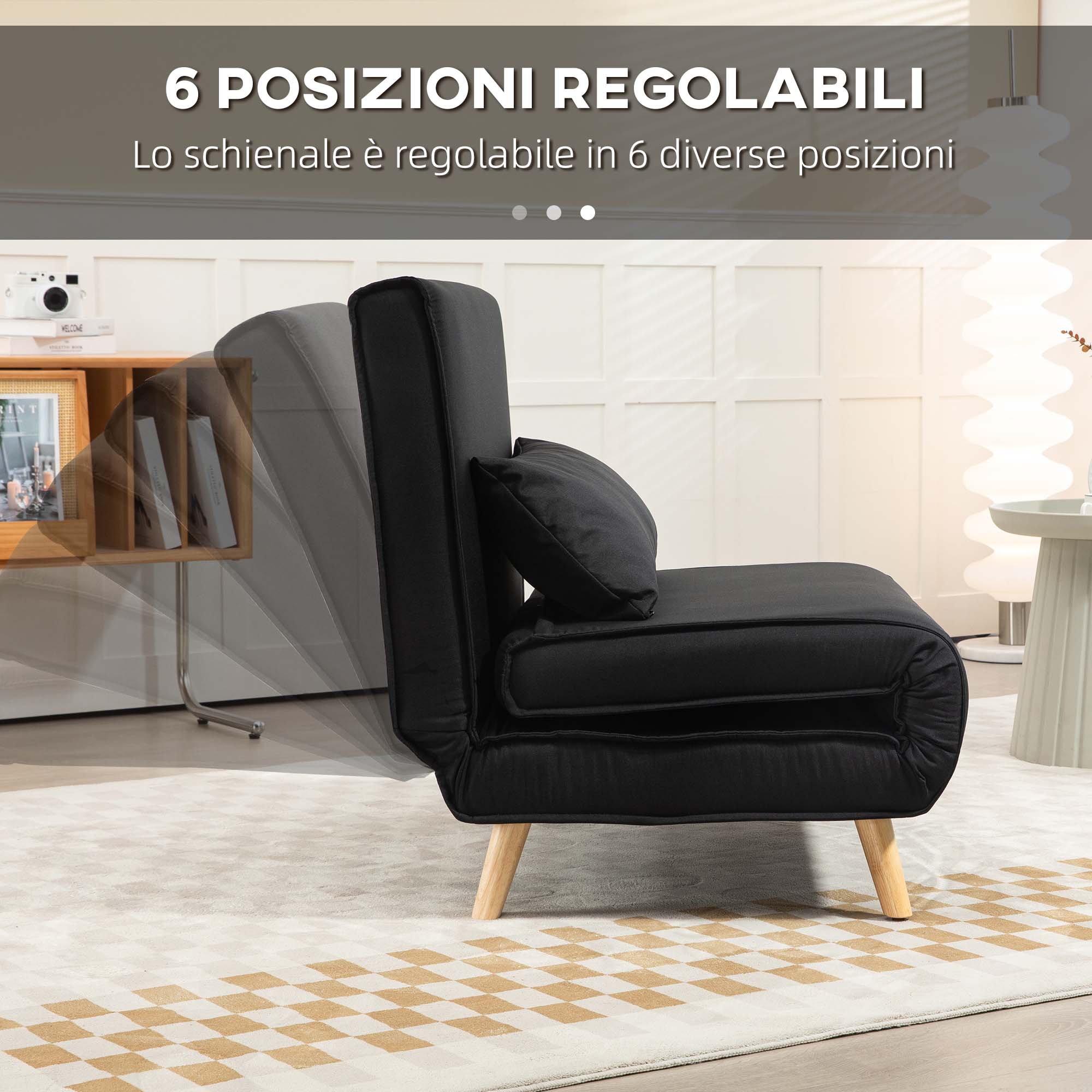 Poltrona Letto con Schienale Reclinabile su 6 Posizioni 94x78x80 cm in Tessuto Nero
