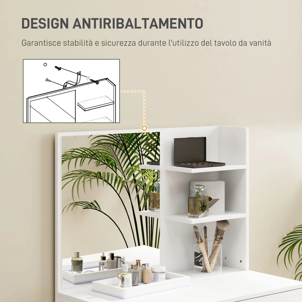 Consolle Trucco 75x40x137 cm con Sgabello e Ripiani a Giorno Bianco