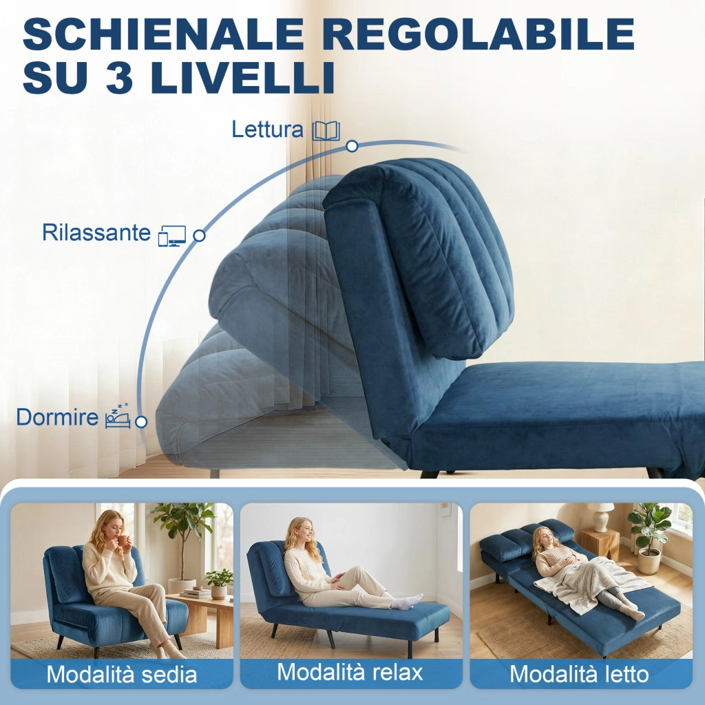 Poltrona Letto Pieghevole 88x92x88 cm Trasformabile con Schienale Regolabile in Velluto Blu