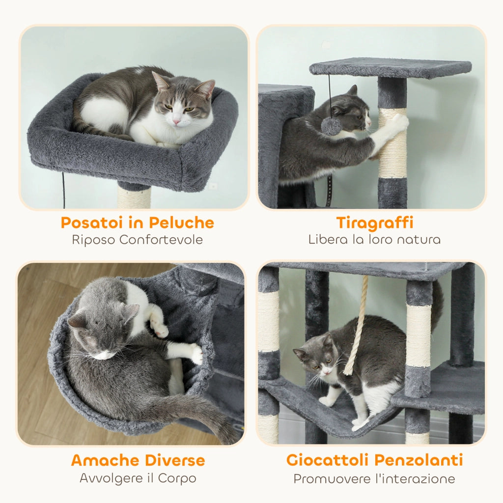 Albero Tiragraffi per Gatti con 6 Pali Sisal, 2 Casette, 2 Amache e Lettino ¨C Zephmum ¨C Grigio 202 cm