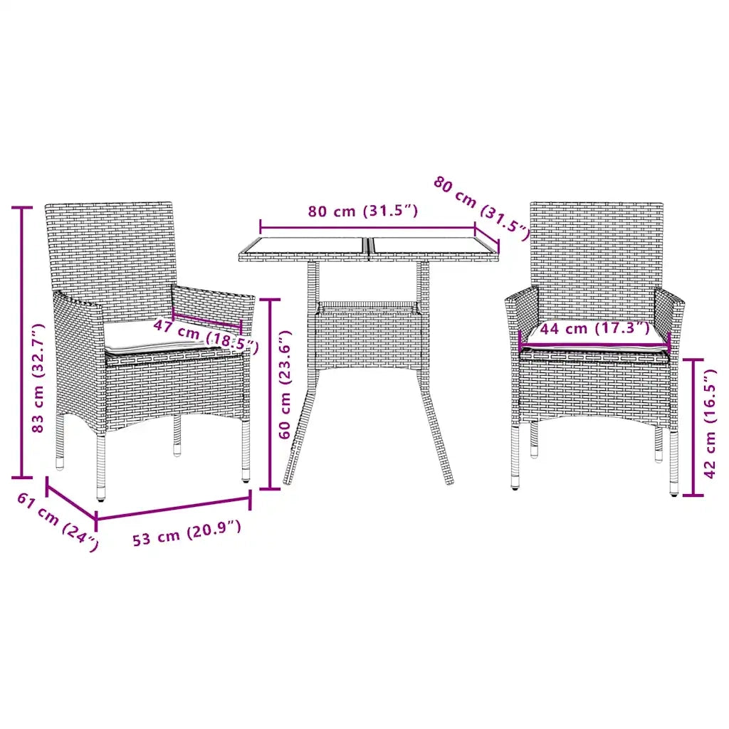 Set Pranzo da Giardino 3 pz | Set Salotto da Giardino con Cuscini Nero Polyrattan Acacia