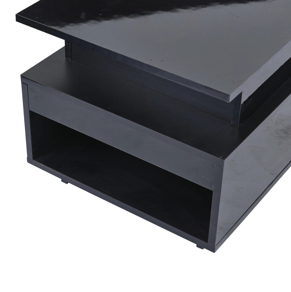 Tavolino da caffè 96x45x40 cm con piano sollevabile; LED e ampio vano contenitore in truciolato nero