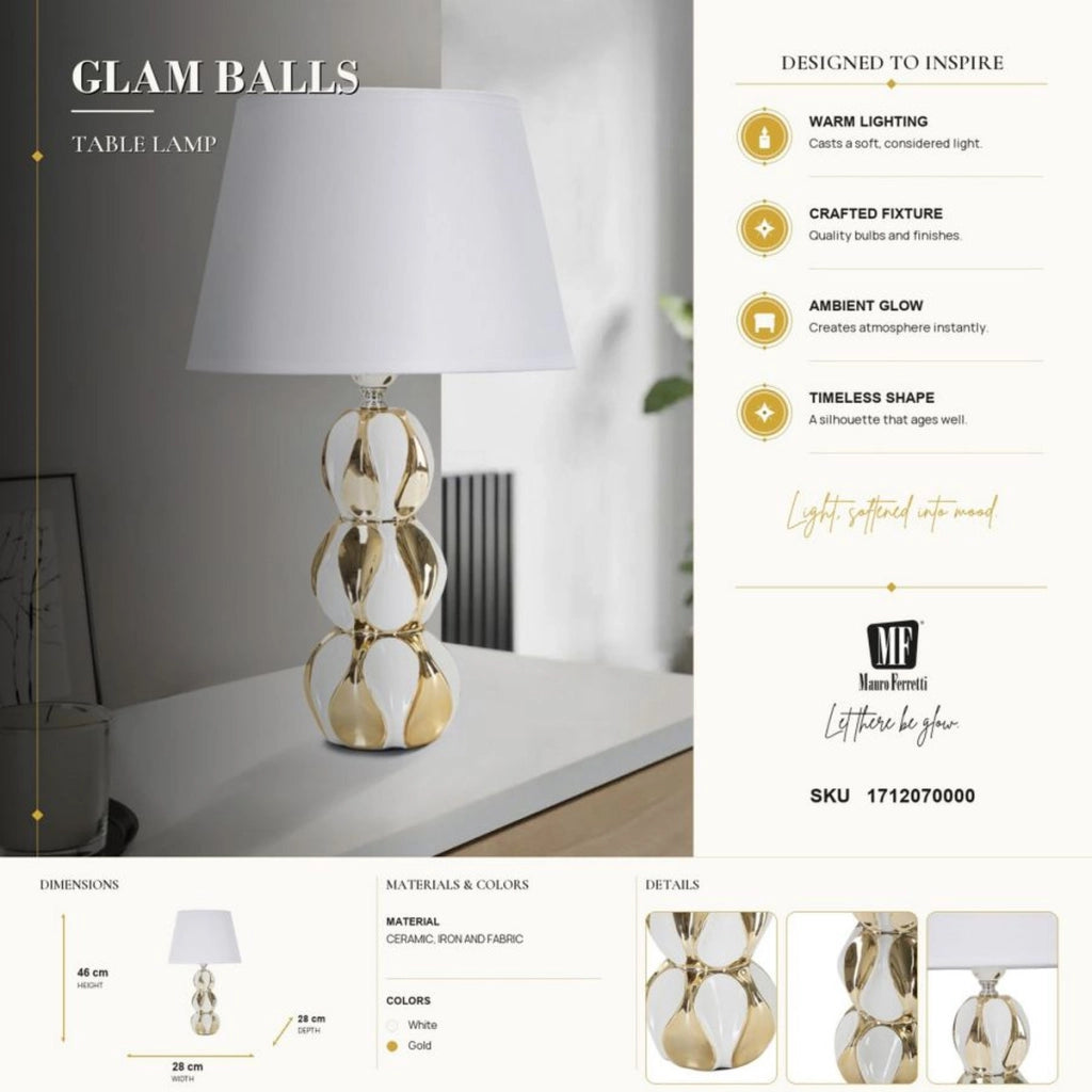 Lampada da tavolo Glam Balls in ceramica bianca e oro con base a sfere