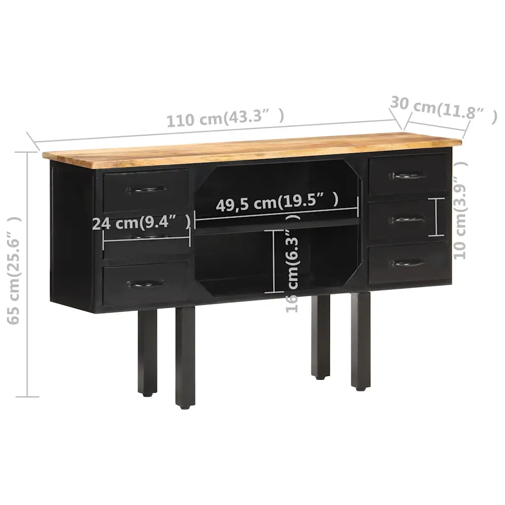 Credenza-Buffet-Armadio da cucina 110x30x65 cm in Massello di Mango Grezzo e Acciaio