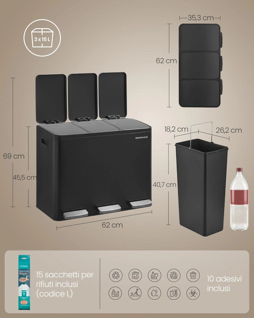 SONGMICS Pattumiera Cucina 3 x 15 L, Cestino per Raccolta Differenziata 3 Scomparti, 15 Sacchetti, Secchi Rimovibili, Coperchio, Maniglie, Chiusura Morbida, Acciaio, Nero Inchiostro LTB145BZ02
