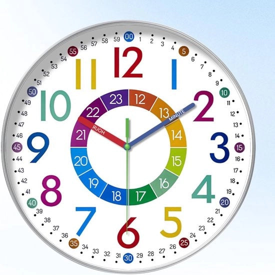 Orologio da Parete per Bambini - Lezione dell'Orologio senza Suono - 25 cm Orologio Analogo per Bambini per Imparare l'Orario con Movimento Silenzioso - Orologio da Parete per Camera dei Bambini per Ragazze e Ragazzi