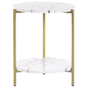 Tavolino bianco mdf dorato e metallo ⌀ 40 cm ripiano effetto marmo gambe moderno glam soggiorno