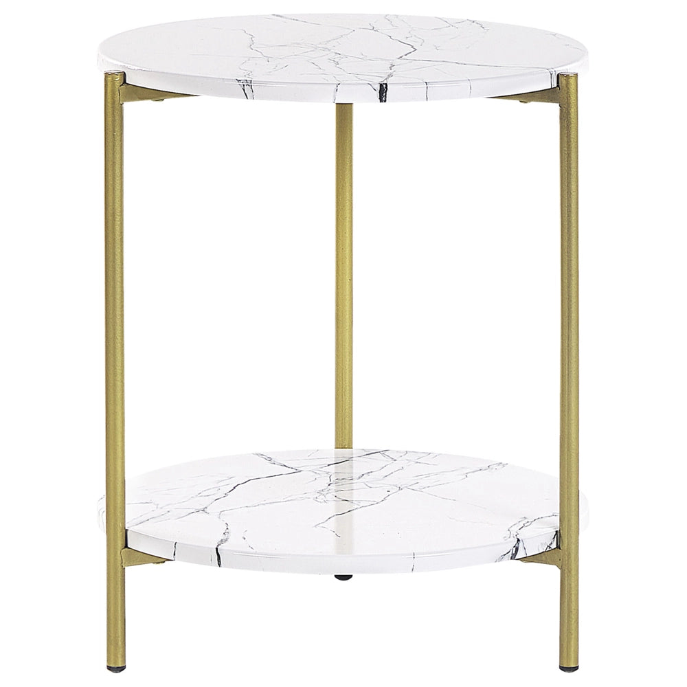 Tavolino bianco mdf dorato e metallo ⌀ 40 cm ripiano effetto marmo gambe moderno glam soggiorno