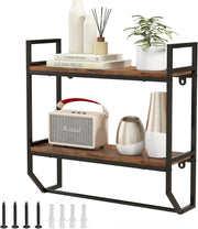 Scaffale a Muro 2 Livelli, Mensole a Parete con Barra Porta Asciugamani e Telaio in Metallo, Scaffale da Parete per Bagno Soggiorno Cucina, Stile Industriale, 59x20x58 cm
