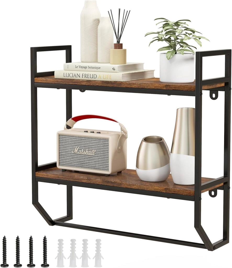 Scaffale a Muro 2 Livelli, Mensole a Parete con Barra Porta Asciugamani e Telaio in Metallo, Scaffale da Parete per Bagno Soggiorno Cucina, Stile Industriale, 59x20x58 cm