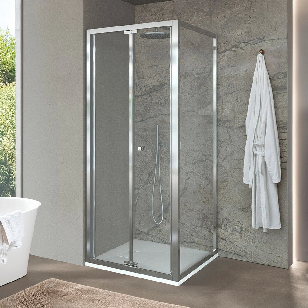 Box doccia angolare 90x80 con porta a soffietto in vetro temperato trasparente e profili cromo Ted