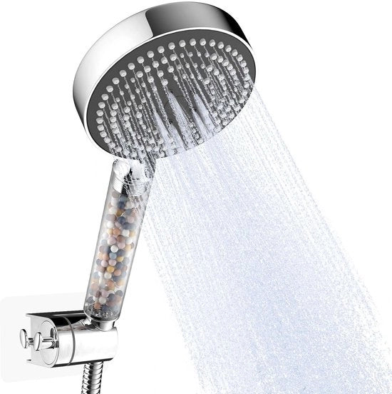 Douchekop gefilterd, 6 tipi di getto, Grande, Efficace nel risparmio d'acqua, Con tubo da 1.6m e supporto per la parete, Maniglia trasparente con coperchio in grigio, Cromo.