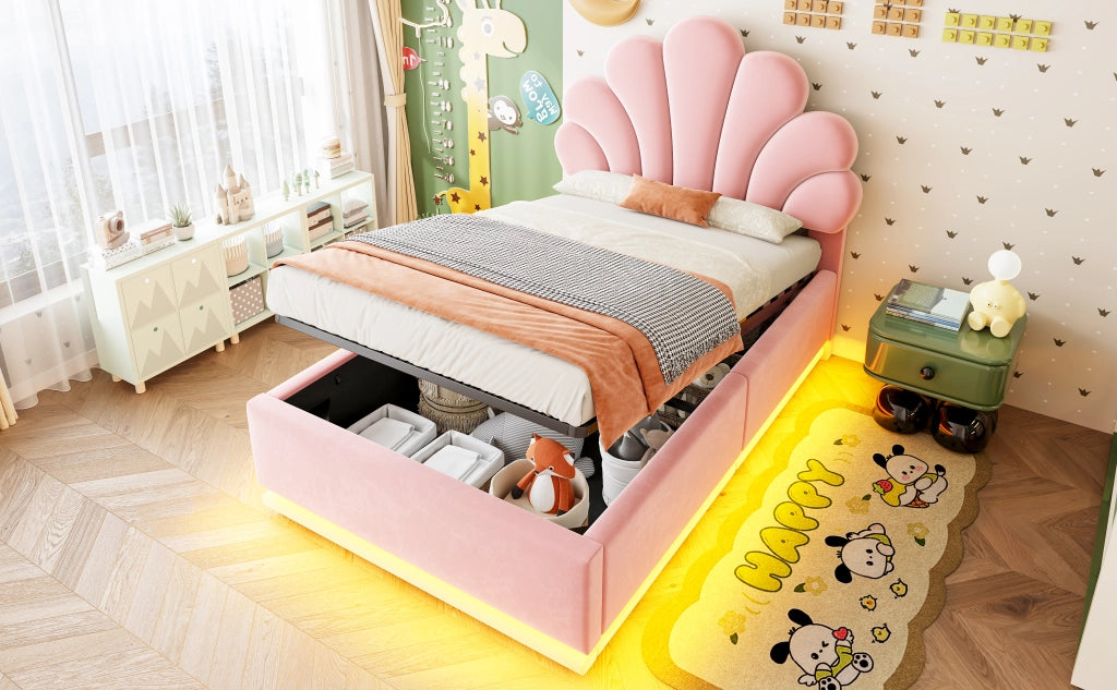 DESMIU Letto singolo 90 × 200 cm con contenitore idraulico, LED e testiera floreale, senza materasso, rosa