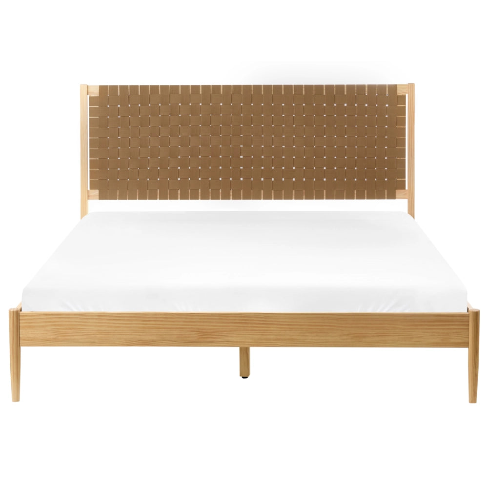 Letto minimalista con rete a doghe e testiera imbottita in legno di pino marrone chiaro 160 x 200 cm con base a doghe