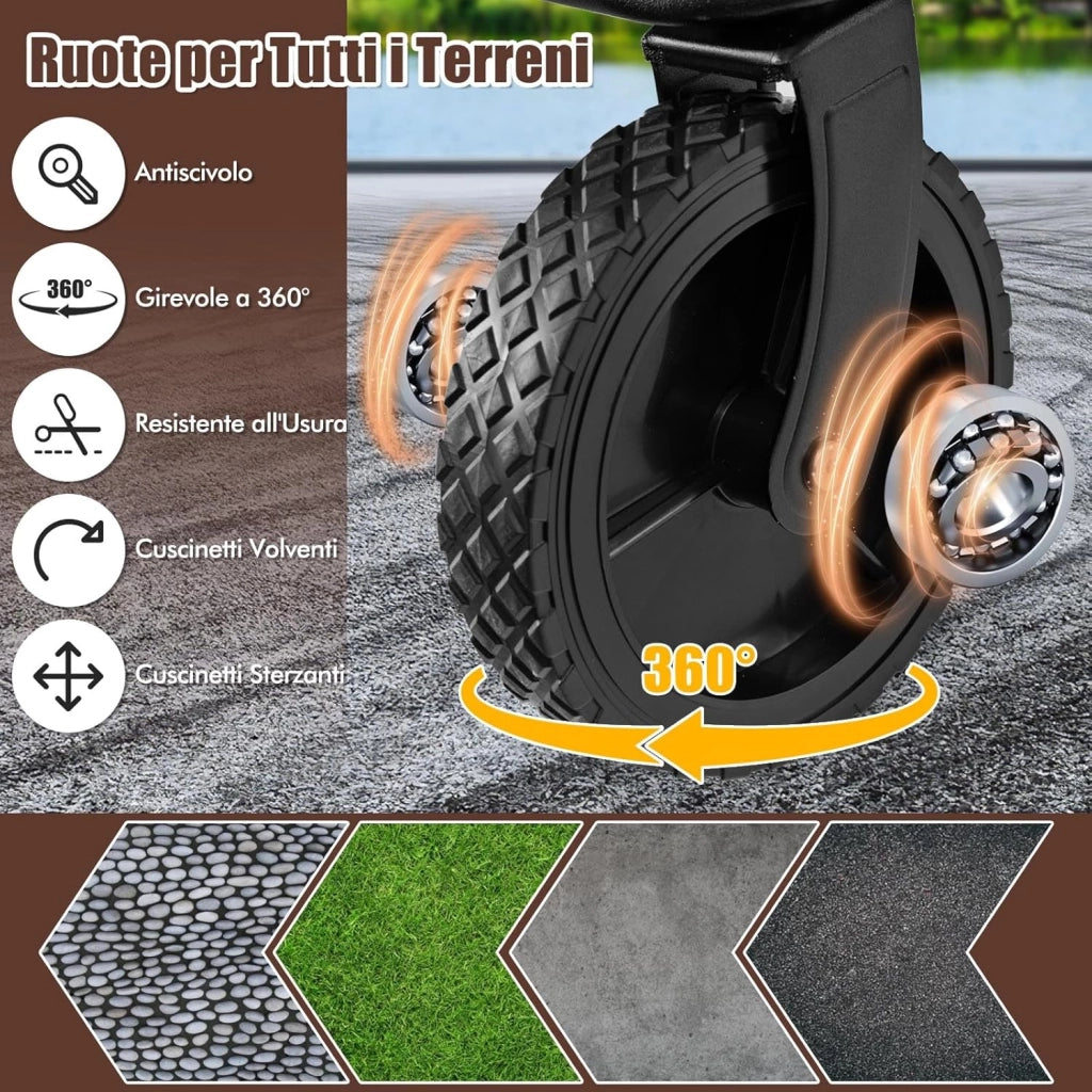 Carrello da Spiaggia Pieghevole 170 L, Carrello con Ruote Portatutto con Maniglia Regolabile e 360° Ruote, Portabottiglie e Tasca Portaoggetti, Carretto Giardino per Campeggio (Marrone)