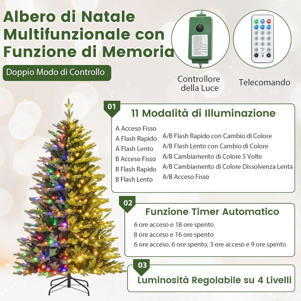 Albero di Natale 150/180/210 cm, Albero di Natale Pre-illuminato on Cerniera con 250/350 /470 Luci a LED Multicolori e Bianco Caldo, 11 Modalità di Illuminazione, 844/1168/1646 Rami (180 CM)