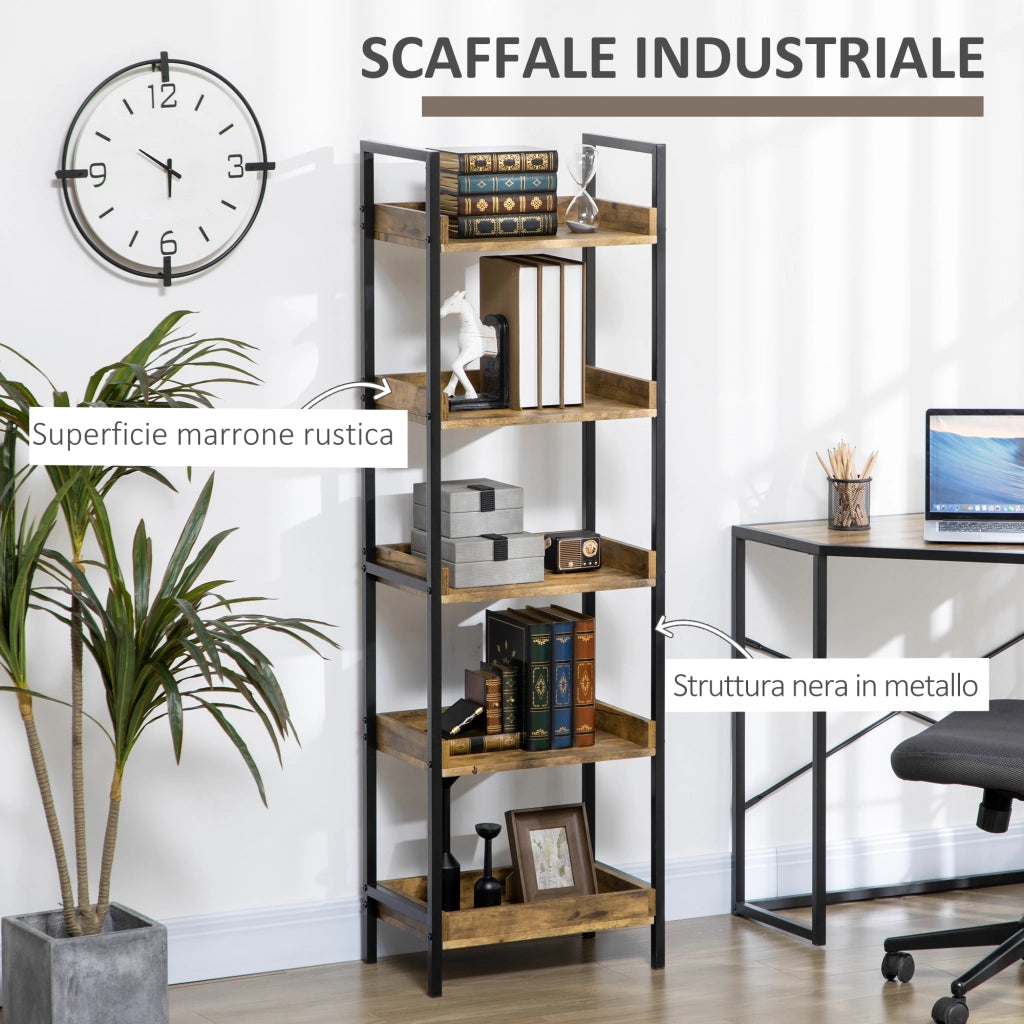Libreria Stile Industriale a 5 Ripiani in Legno e Metallo, 48x30x155cm, Marrone Rustico