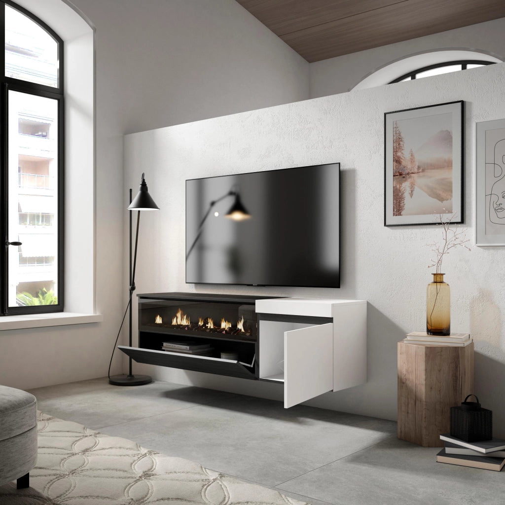 Mobile TV Soggiorno, 150x35x45cm, Per TV fino a 65", Camino elettrico, da appendere, Bianco e nero RF2444