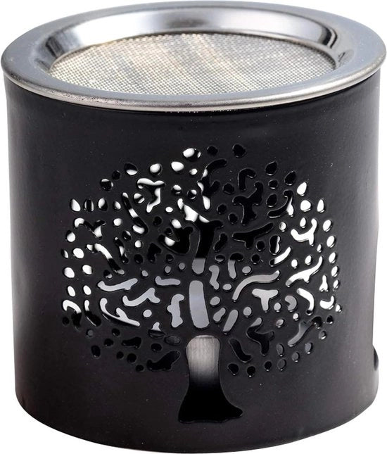 Bruciatore di legna con griglia - RVS - altezza 6 cm - nero - manufatto a mano - tema albero della vita