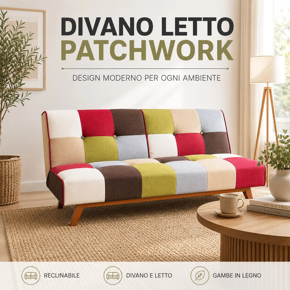Divano Letto in Tessuto Patchwork Imbottito Gambe in Legno Schienale Reclinabile