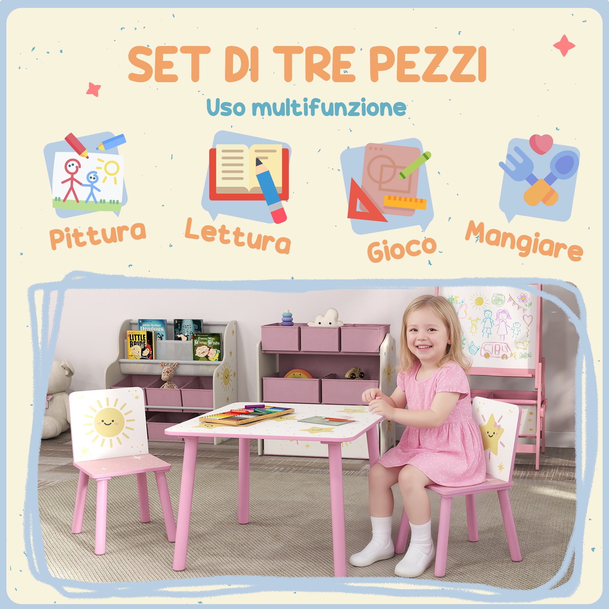 Set Tavolino e 2 Sedie per Bambini 3-8 Anni in MDF Fantasia con Animali Rosa