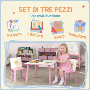 Set Tavolino e 2 Sedie per Bambini 3-8 Anni in MDF Fantasia con Animali Rosa