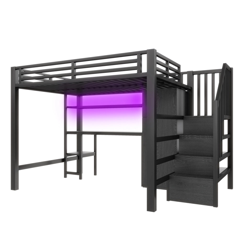 LETTO a soppalco 140x200 cm in metallo nero con scrivania, armadio e scaffale
