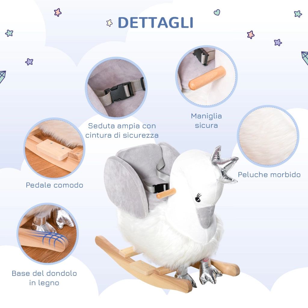 Cigno a Dondolo per Bambini ¨C zephmum ¨C Bianco e Grigio in Legno e Peluche