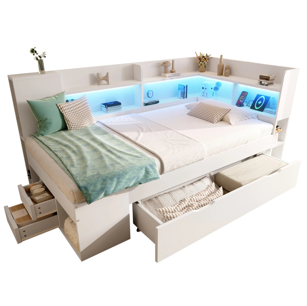 Letto giorno 90x200 cm bianco con LED, USB e Type-C, con cassetti, ripiani e materasso incluso