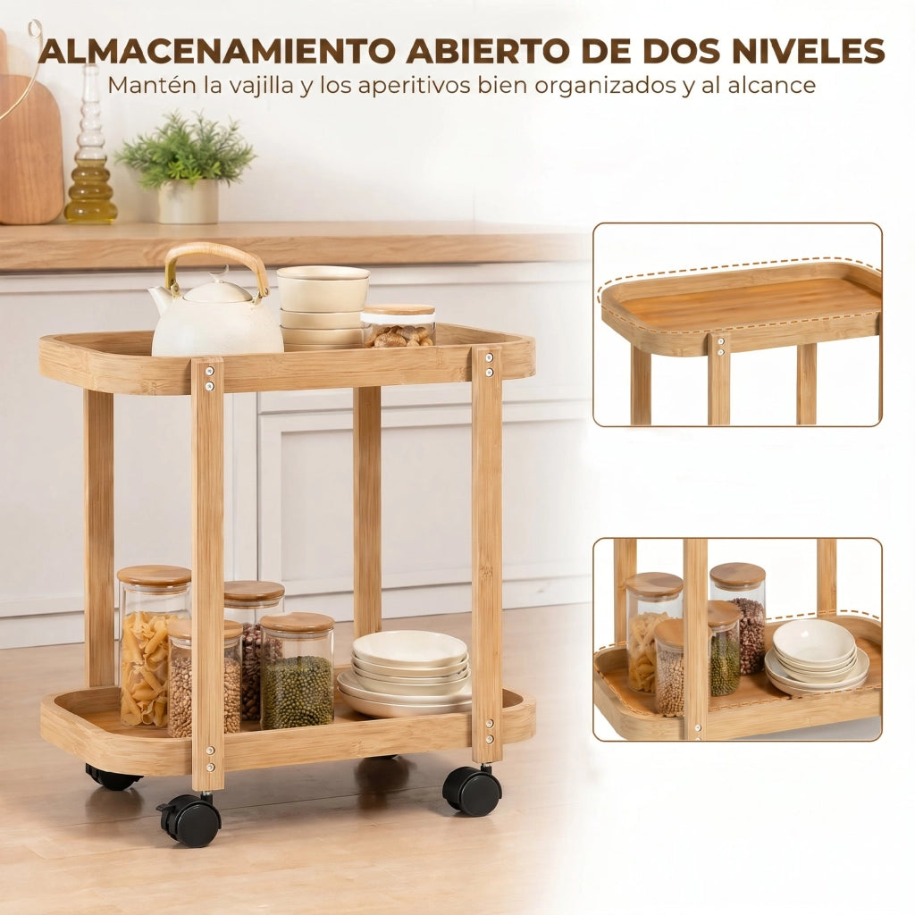 Carrello da cucina a 2 livelli in bambu' ¨C zephmum ¨C 54x36.5x60 cm naturale