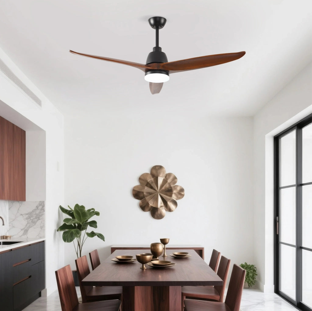 Ventilatore da soffitto 52" con luce LED a 3 tonalità; 3 pale in legno massello; nero e noce scuro