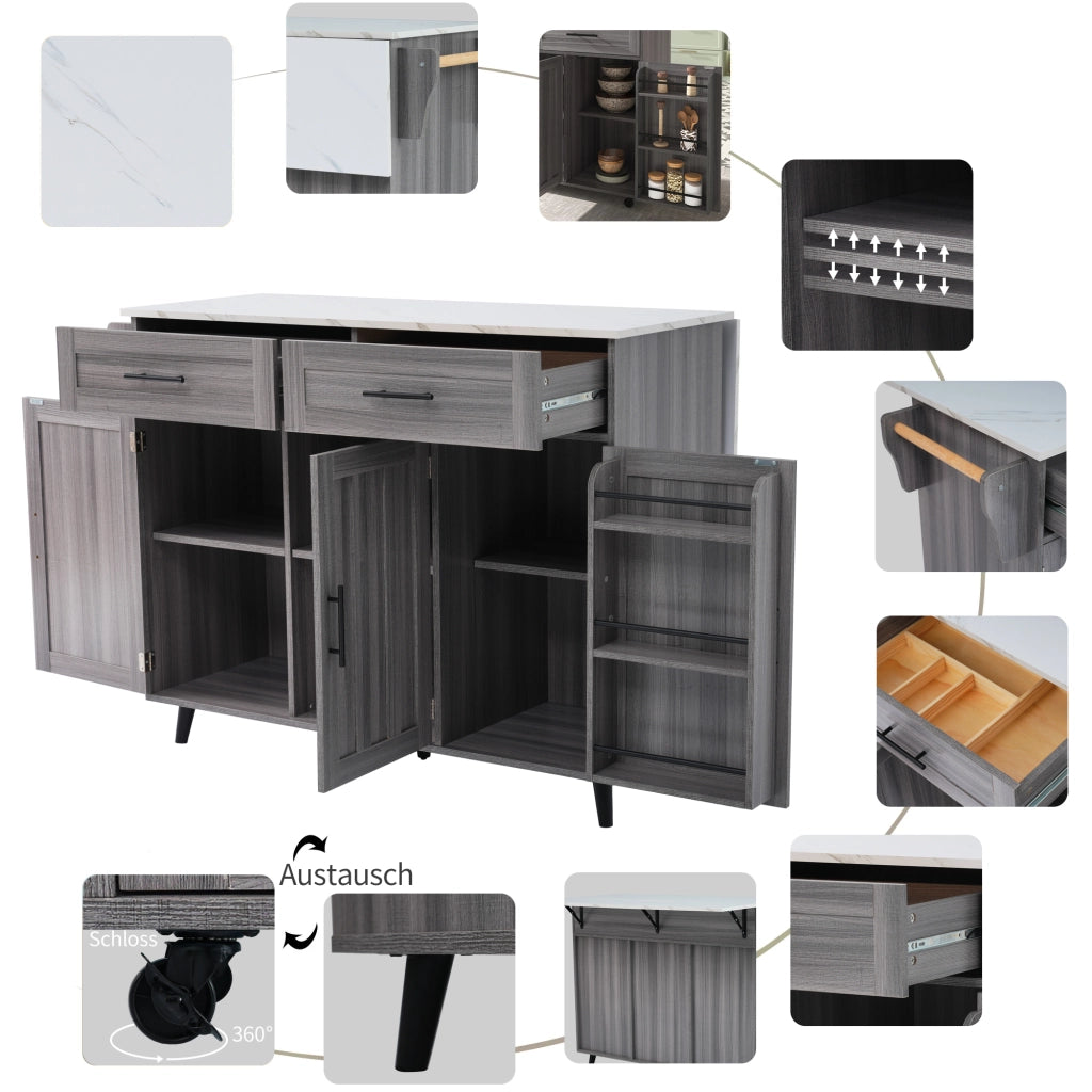 CARRELLO CUCINA 129x71x91,5 cm Grigio/Bianco MDF con piano ribaltabile e ruote