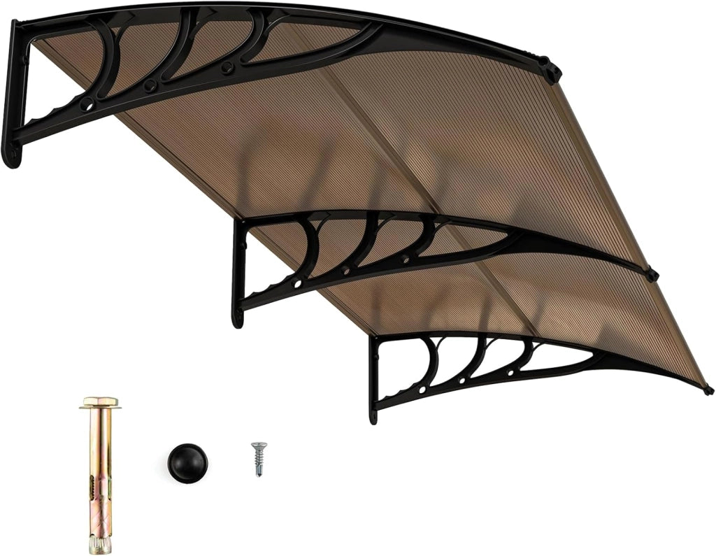 Tettoia per Porta Finestra, Pensilina Tettoia per Porta in Policarbonato, per Protezione da Sole, Pioggia, Neve, per Balcone, Finestre e Porte (199 x 99 x 28 cm,Marrone)