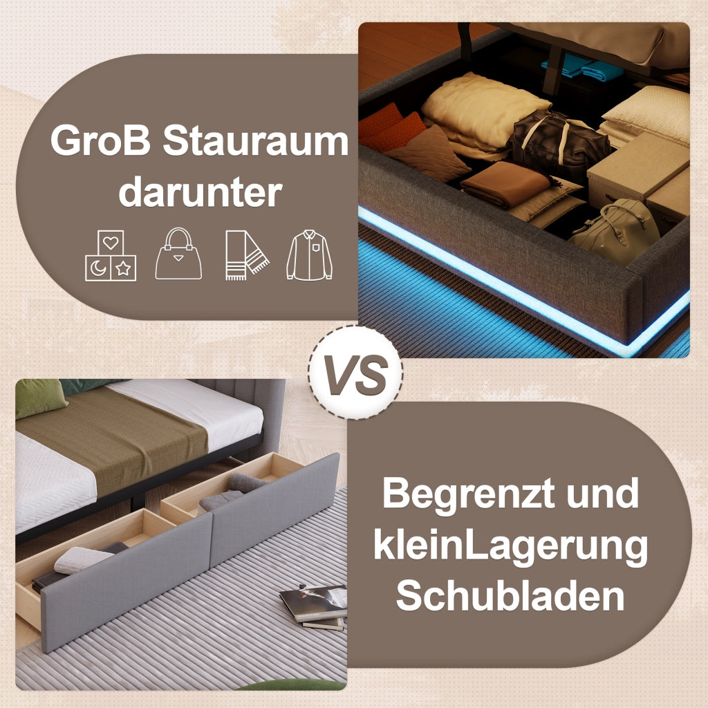 DESMIU Letto contenitore 140 × 200 cm 2 posti con vano idraulico, LED, USB, Type-C, senza materasso, grigio