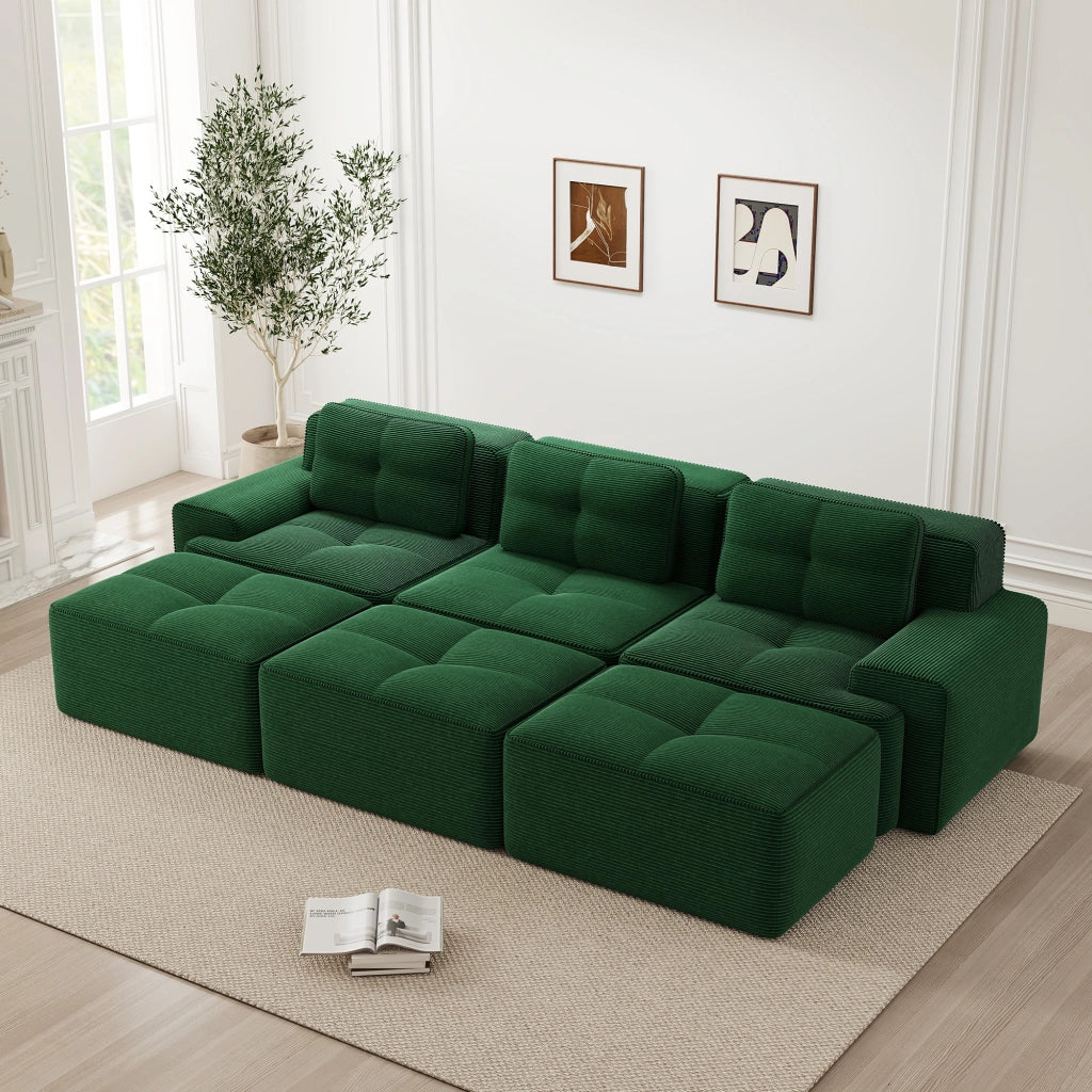 Divano Angolare Modulare 3 Posti con Schlaffunktion ¨C MINIMAL ¨C Verde, Tessuto, con 3 Sgabelli