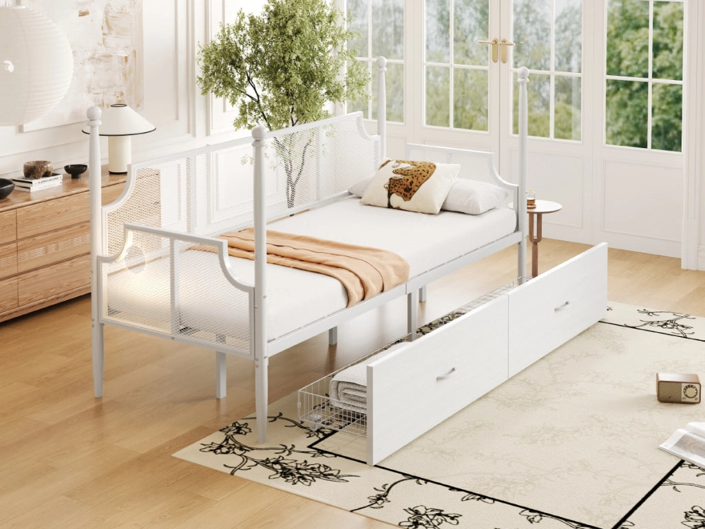 Divano letto in ferro con schienale vintage e 2 cassetti, 90x200 cm, bianco