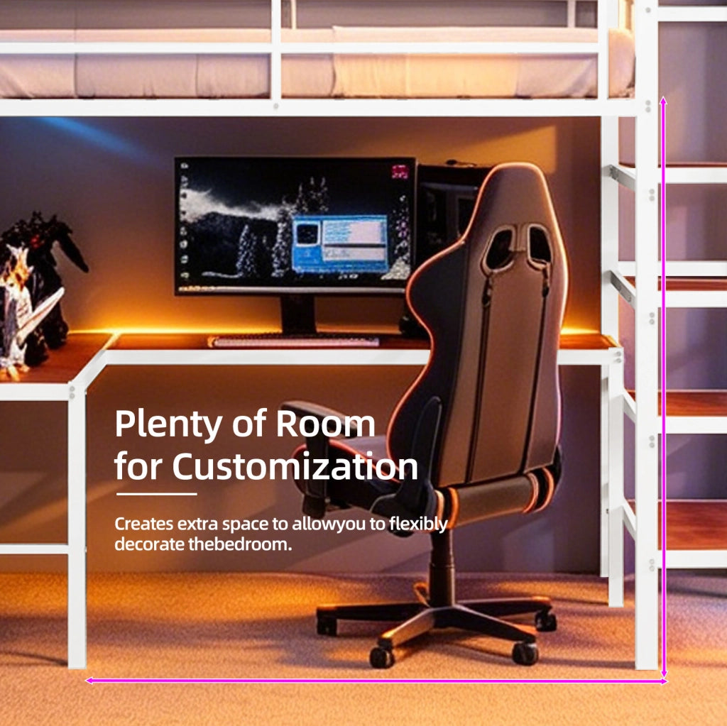 Letto a soppalco in ferro bianco con scrivania a L
