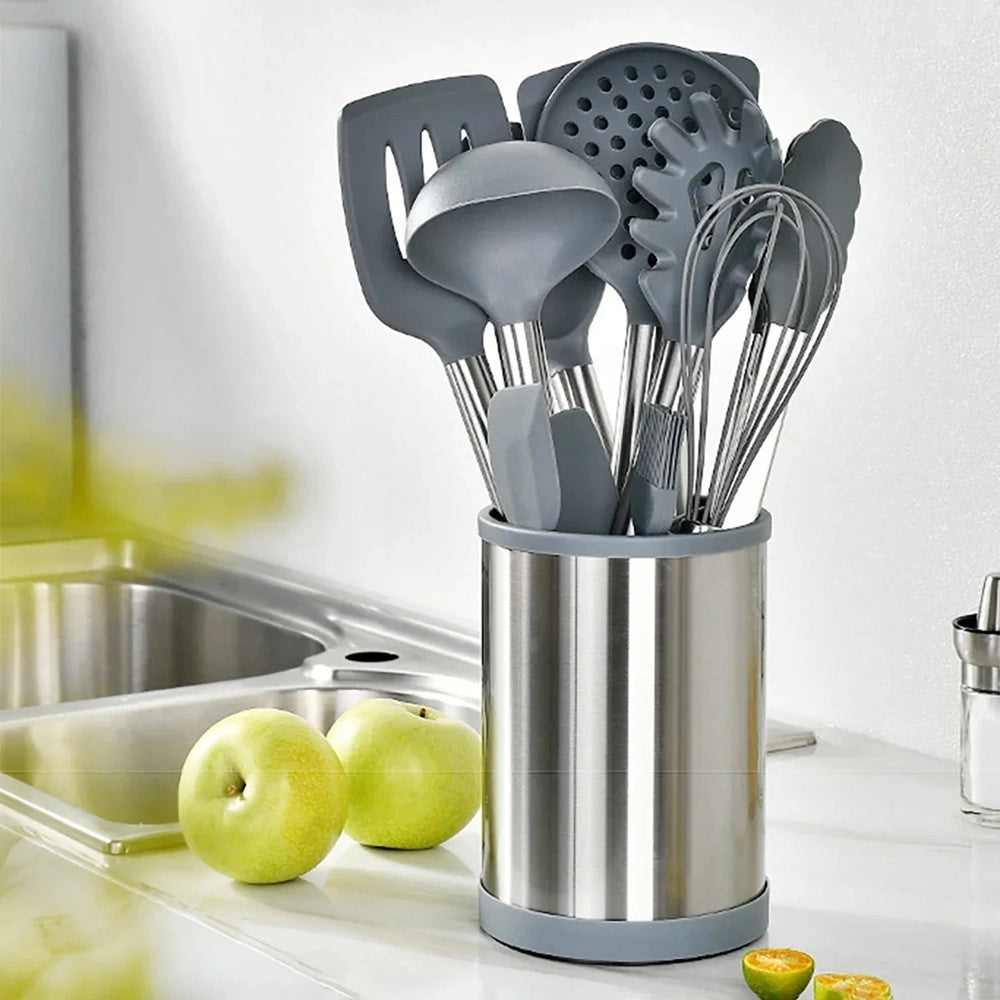 Trade Shop - Set 12pz Utensili Da Cucina Mestoli In Silicone Acciaio Antiaderente Portaposate Girevole -
