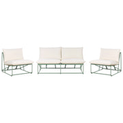 Set 4 posti composto da divano basso oversize e 2 sedie in metallo con cuscini per schienale e seduta interno ed esterno senza braccioli verde