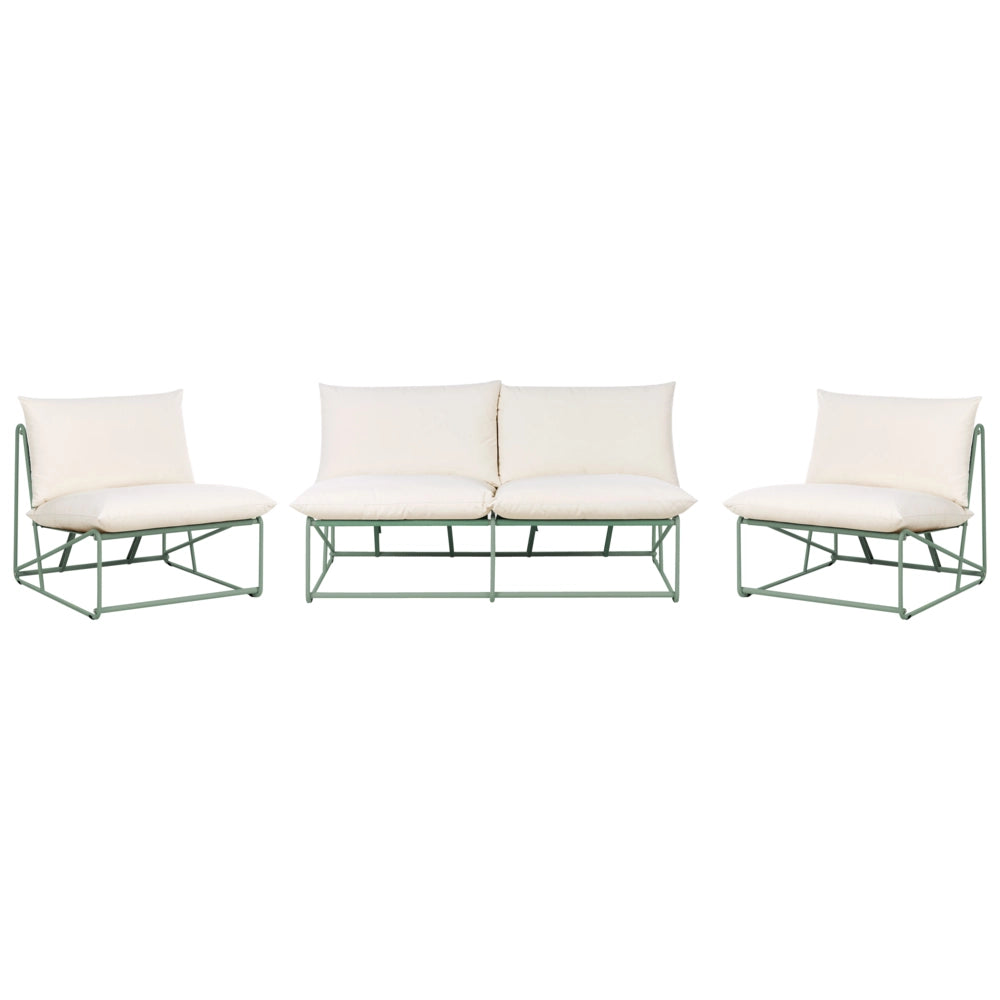 Set 4 posti composto da divano basso oversize e 2 sedie in metallo con cuscini per schienale e seduta interno ed esterno senza braccioli verde
