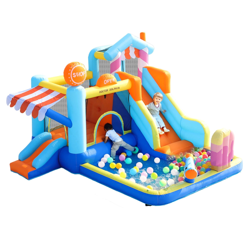 Castello Gonfiabile per Bambini con Ventilatore 450W, Parco Acquatico Multifunzione Esterno con Trampolino, Scivolo d'Acqua, Mini Scivolo, Fontana e Pistole ad Acqua