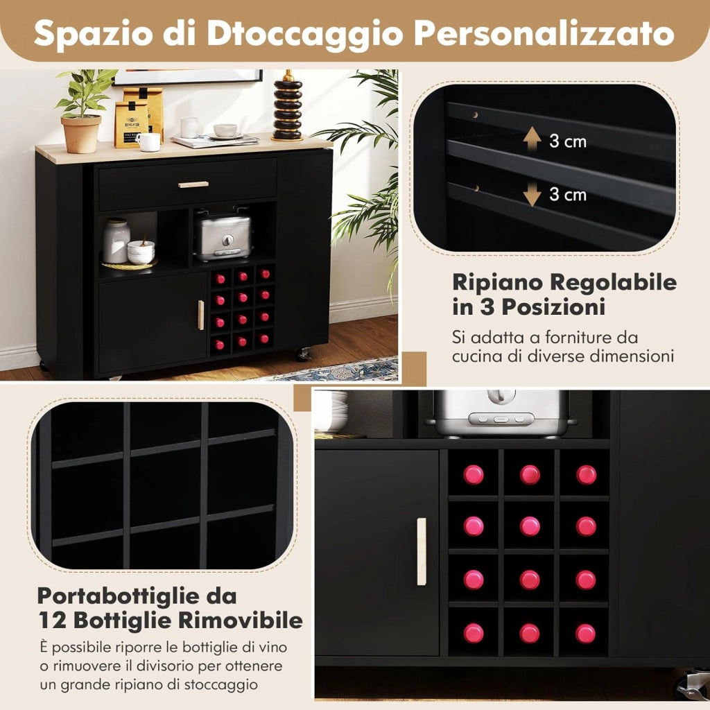 2 in 1 Carrello da Cucina, Carrello di Servizio Reversibile con Piano in Legno di Gomma, Ripiano Regolabile Porta Calici per 12 Bottiglie, 120x40x100 cm (Nero)