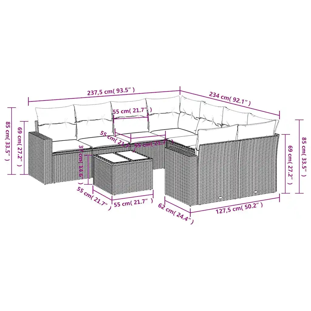 Set Divani da Giardino 9 pz con Cuscini Nero in Polyrattan