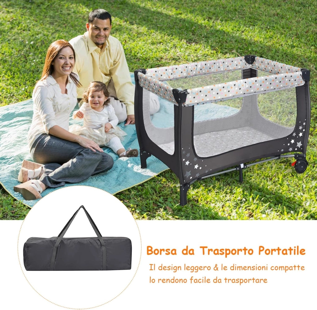 Lettino da Campeggio con Materasso, Lettino da Campeggio per Neonati, Culla da Viaggio Portatile con 2 Ruote, Borsa, per Bambini 0-36 Mesi, 125 x 65 x 76 cm (Grigio)