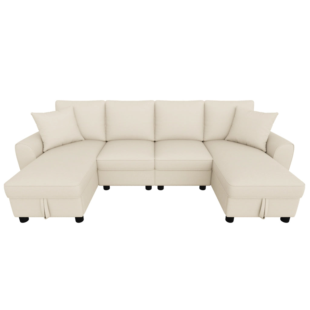 Divano modulare a U con contenitore e 2 cuscini - in chenille beige - 280 × 137 × 84 cm