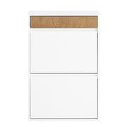 SoBuy FSR205-WN Scarpiera Salvaspazio Slim Ingresso - Mobile Scarpiera con 2 Ante a Ribalta e Cassetto - Design Nordico per Ingresso Moderno - Armadio in Legno Bianco e Rovere - 61x26x91cm